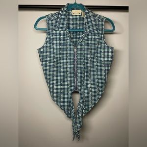 Best United Garment Company Brand Plaid Print Zip Up Tie Front Tank Top